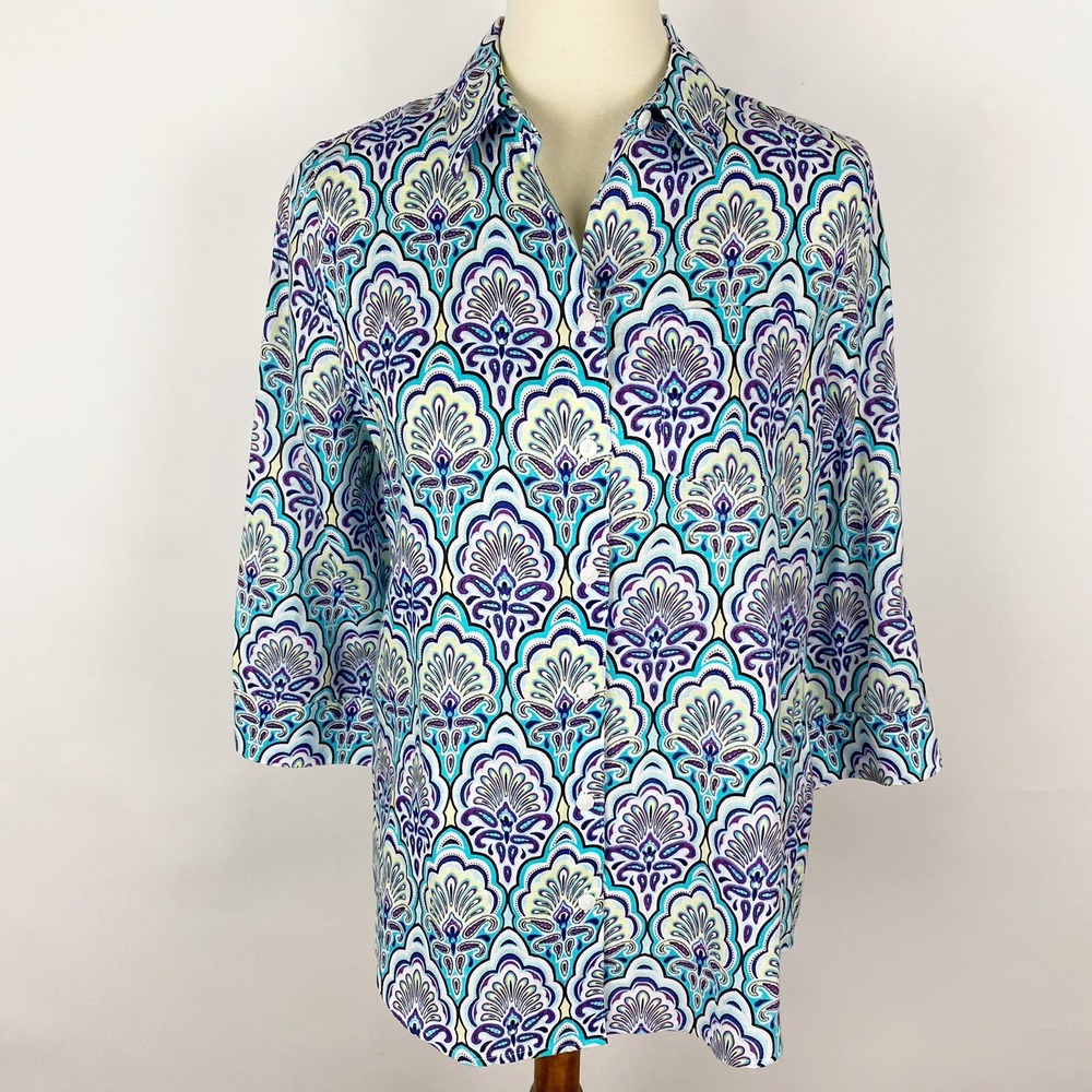 Chico's No-Iron Medallion Print 100% Linen Button Down Shirt Womens S Chicos 0